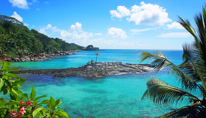 tropical paradise island rocky beach, turquoise Indian ocean, tranquil azure blue seascape, lush palm trees, exotic greenery, sunny summer day, dream, sun, relax.