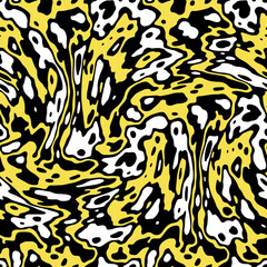 Vector seamless pattern. Abstract texture with bold monochrome wavy stripes. Creative distorted background. Decorative black, white and Illuminating yellow design.