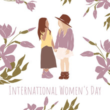 Intarnational Women's Day Postcard With Couple Of Little Girls And Purple Flowers  
