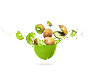 Wall Mural - Chopped kiwi with splash of fresh juice isolated on a white background