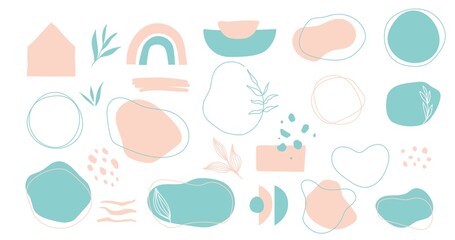 Abstract backgrounds, organic shapes, logo and design elements pink and blue spring colors. Collection of hand drawn objects with floral elements in pastel colors. Vector illustration.