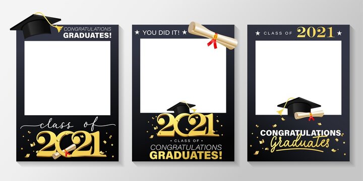 Wall Mural - Class of 2021. Graduation party photo booth props set. Photo frame for grads with caps and confetti. Congratulations graduates concept with lettering. Vector illustration. Gold and black grad design.