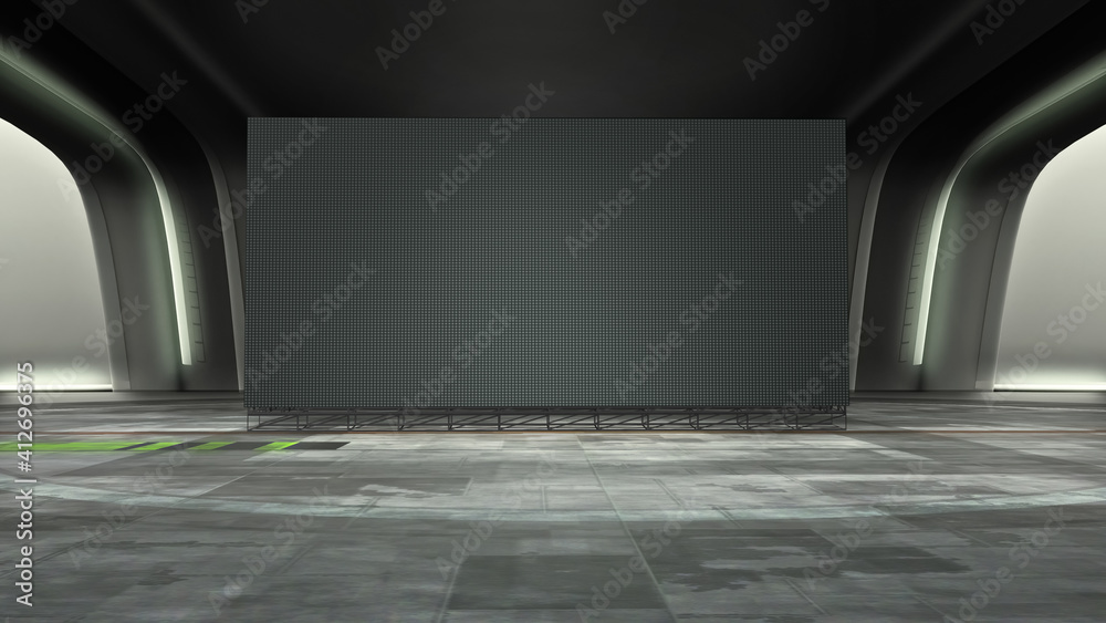 dark futuristic Virtual studio background with a big empty videowall display, ideal for tv shows or scientific events. A 3D rendering, suitable on VR tracking system stage sets, with green screen - obrazy, fototapety, plakaty 
