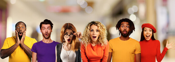 Wall Mural - people with wondered, surprised and happy expression are shocked for new revelation in a shopping ce