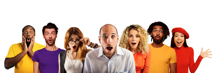 Wall Mural - people with wondered, surprised and happy expression are shocked for new revelation . isolated on wh