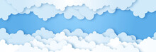 Clouds On Blue Sky Banner. White Cloud On Blue Sky In Paper Cut Style. Clouds On Transparent Background. Vector Paper Clouds.White Cloud On Blue Sky Paper Cut Design. Vector Paper Art Illustration