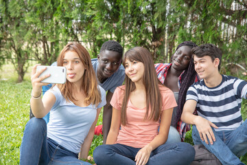 Wall Mural - Group of multi ethnic teenagers relaxing in a city park taking selfies and smiling