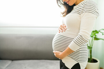 Wall Mural - Adorable expectant mother showing her round belly