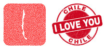 Vector Collage Chile Map Of Love Heart Items And Grunge Love Seal Stamp. Mosaic Geographic Chile Map Constructed As Carved Shape From Rounded Square Shape With Love Hearts.