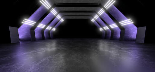 Fototapete - Sci Fy neon lamps in a dark tunnel. Reflections on the floor and walls. 3d rendering image.