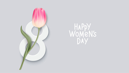 Wall Mural - International Women's Day greeting card design template. 8 March concept.  Tulip in front of number eight on gray background. Happy Women's Day  text. Vector stock illustration.