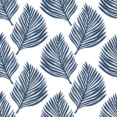 Vintage isolated seamless pattern with doodle navy blue fern leaf silhouettes. White background.