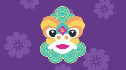 Sticker - happy chinese celebration with dragon mask and flowers