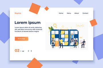 Poster - Marketing group working on presentation. Scrum meeting, teamwork, task list. Business concept. Vector illustration can be used for presentation slides, landing pages, posters
