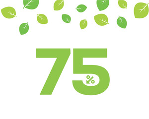 Sticker - Vector green 75% text designed with an arrow percent icon on white background with leaves. For spring sale campaign. 