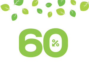 Poster - Vector green 60% text designed with an arrow percent icon on white background with leaves. For spring sale campaign. 