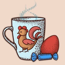 Digital Illustration, A Cup With A Hot Drink And A Painted Rooster
