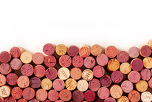 Wine Corks Background, A Design Template For A Restaurant Menu Or Winery Brochure, Shot From The Top With A Place For Text, On A White Background
