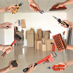 Wall Mural - Many hands with different construction tools indoors