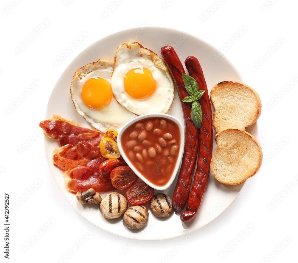 Traditional English breakfast with fried eggs in plate on white background