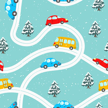 Seamless Pattern With Cute Cars, Christmas Tree On Blue Winter Background. Cartoot Transport. Vector Illustration. Doodle Style. Design For Baby Print, Invitation, Poster, Card, Fabric, Textile