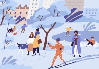 Poster - Crowd of people skiing, skating, sledding and walking in city park in winter. Landscape with ice rink and trees in snow in cold freezing weather. Colored flat cartoon vector illustration