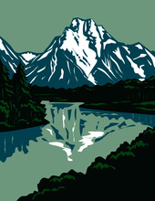 WPA Poster Art Of The Jackson Hole Valley With The Peaks Of Grand Teton National Park In Wyoming, United States Of America Done In Works Project Administration Or Federal Art Project Style.