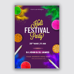 Sticker - Holi Festival Party Flyer Design In Purple Color With Top View Of Indian Sweets, Color Guns And Powder (Gulal) Bowls.