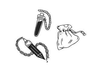 Set of black and white crystal amulet, corked tube and bag with magic potion and blood for sorcery and witchcraft. Esoteric attributes. Monochrome vector illustration isolated on white background