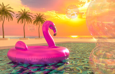 Leinwandbilder - Abstract summer beach scene with pink flamingo in swimming pool background. 3d render.