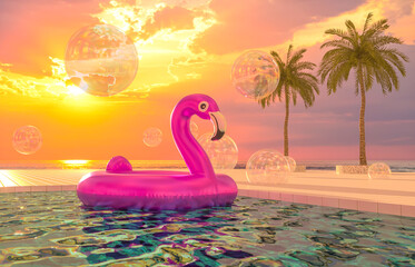 Leinwandbilder - Abstract summer beach scene with pink flamingo in swimming pool background. 3d render.