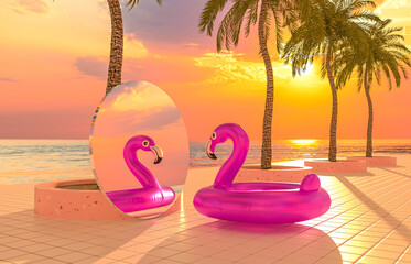 Leinwandbilder - Abstract summer beach scene with pink flamingo and swimming pool background. 3d render.