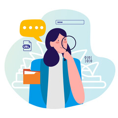 Poster - woman hold lupe searching information on internet with cartoon flat style