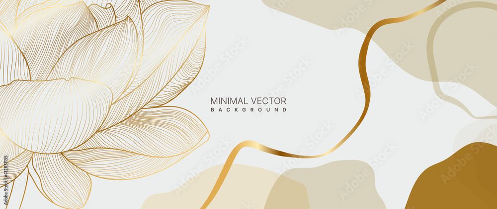 luxury gold floral background vector. lotus Flower line arts minimal wallpaper design for prints and cover. - obrazy, fototapety, plakaty 