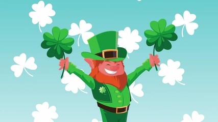 Poster - happy saint patricks day animation with leprechaun lifting clovers leafs