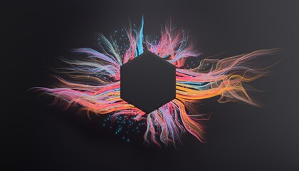 Poster - Abstract glowing pink and purple fibers on a dark background with hexagon for text placement.  3D render / rendering.
