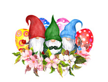 Family Of Easter Gnomes With Holiday Eggs And Cherry Spring Flowers. Watercolor With Apple Blossom