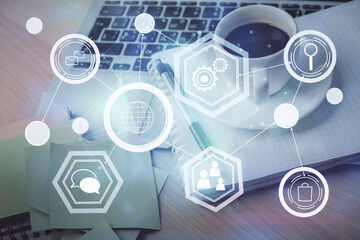Poster - Double exposure of social network drawing and desktop with coffee and items on table background. Concept of international connection.