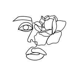 Wall Mural - Continuous line drawing. Abstract woman portrait with flower. One line face art vector illustration. Female linear contour isolated on white.