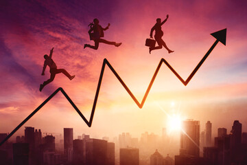 Three business people jumping with upward arrow