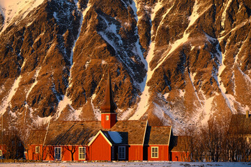 Canvas Print - Eglise rouge de flakstad aux Lofoten