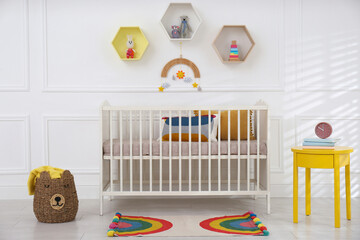 Canvas Print - Cute baby room interior with comfortable crib and toys