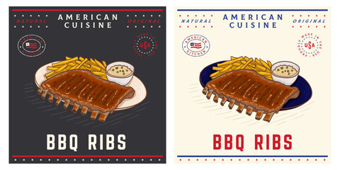 Wall Mural - BBQ ribs with french fries vintage illustration