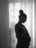 Fototapeta Młodzieżowe - The silhouette of a pregnant girl standing by the window. Black and white photo.