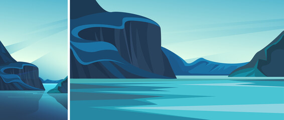 Wall Mural - Fjord with blue water. Set of natural landscapes in vertical and horizontal orientation.