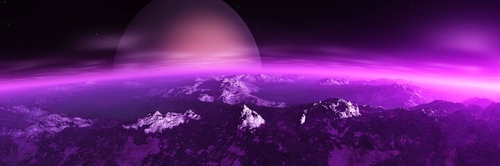 Wall Mural - Beautiful alien landscape, panorama of another planet at sunset, 3D rendering
