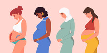 Set Of Different Pregnant Women, Dress, Hijab, Underwear. African American, Arab Woman, Caucasian. Young Beautiful Multi-ethnic Mothers Of Different Nationalities. Diversity, Multiethnic Society.