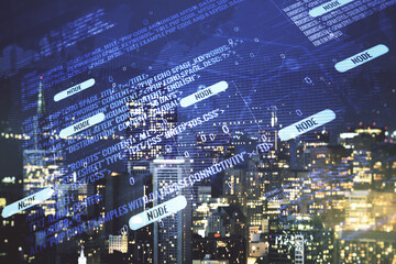 Poster - Abstract virtual coding concept and world map hologram on San Francisco skyline background. Multiexposure