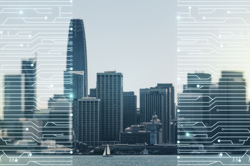 Poster - Abstract virtual micro chip hologram on San Francisco cityscape background, artificial intelligence and machine learning concept. Multi exposure