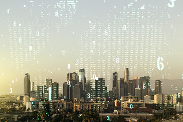 Poster - Multi exposure of abstract programming language hologram and world map on Los Angeles office buildings background, artificial intelligence and neural networks concept